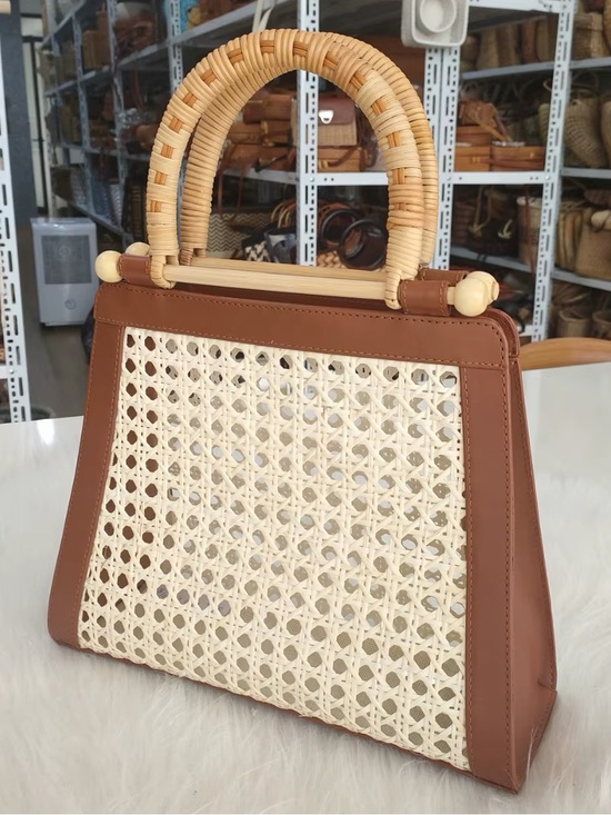 Handbags - ASOS - Woven Rattan straw wooden handle Accent Tote Bag faux leather Brown Cream